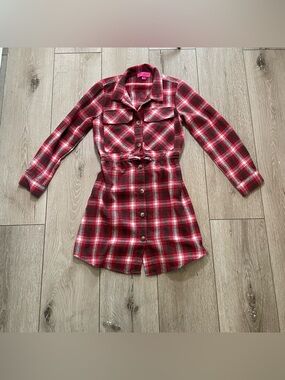 Girls Size 8 Red Plaid Flannel Shirt Dress Trendy Tartan Button Down